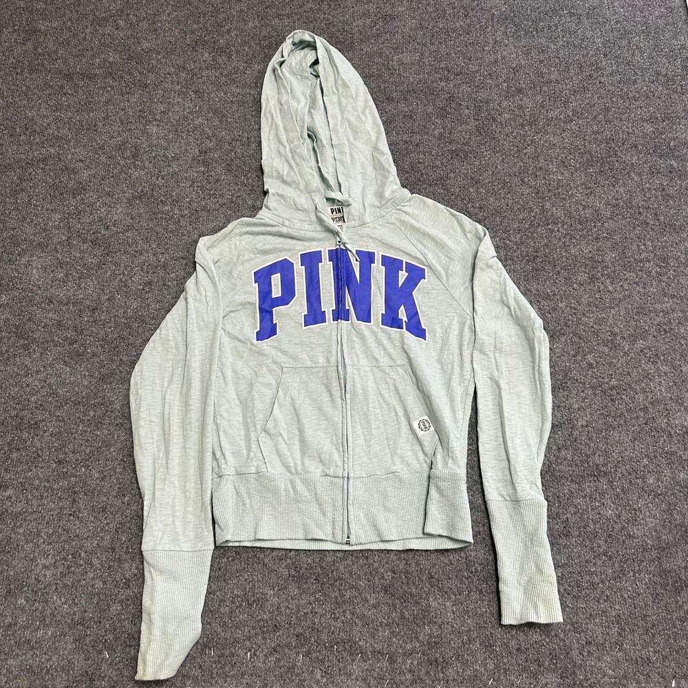 Pink Hoodie Womens XS Mint Green Blue Logo Zip Thumbhole Slub Knit Sweatshirt